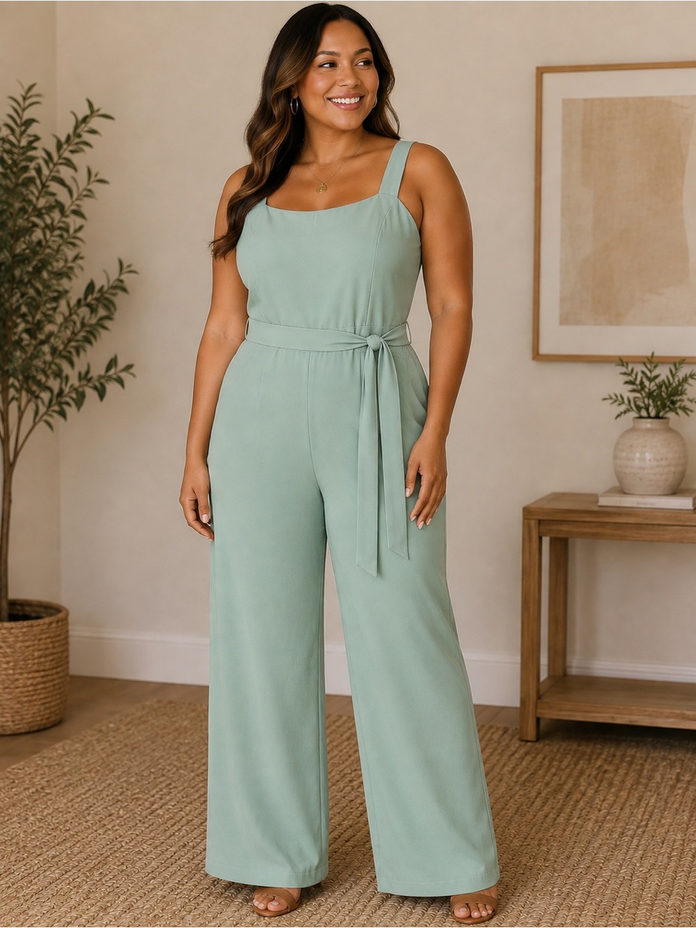 CUPSHE NWT Sage Green Wide Leg Belted Jumpsuit Square Neck